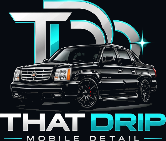 That Drip Mobile Detail logo — chrome TDD monogram over a black Cadillac Escalade EXT with THAT DRIP lettering